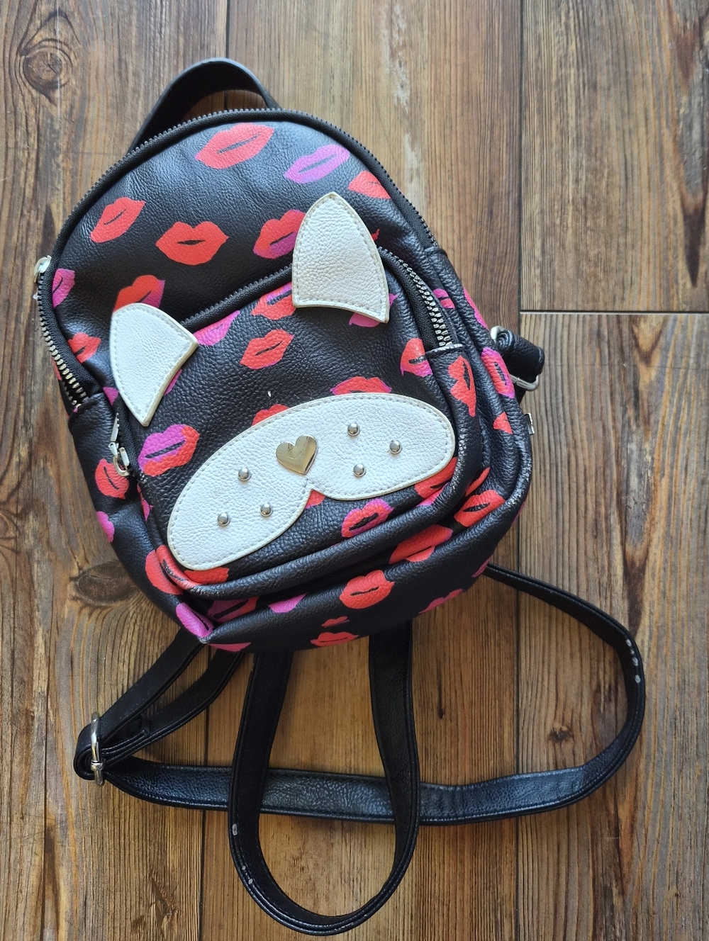 BETSEY JOHNSON French Bulldog Kitsch Mini Backpack With Red Lip Pattern